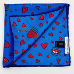 Cruciani &amp; Bella
Hand-rolled&nbsp;&nbsp;
100% Silk
Light Blue, Red and White

Love Motif Pocket Square
Made in Italy
33 cm X 33 cm