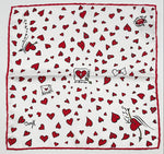 Cruciani &amp; Bella
Hand-rolled&nbsp;&nbsp;
100% Silk
White and Red

Love Motif Pocket Square
Made in Italy
33 cm X 33 cm
#10011