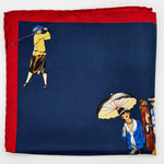 Cruciani &amp; Bella
Hand-rolled&nbsp;&nbsp;
100% Silk
Blue and Red

Golf Motif Pocket Square
Made in Italy
33 cm X 33 cm
#10013