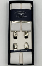 Albert Thurston for Cruciani &amp; Bella

Made in England
Clip on
Adjustable Sizing
35 mm elastic braces
White&nbsp;
X-Shaped
Nickel Fittings
Size Multifit Adjustable&nbsp;Length:&nbsp;115cm (= 45 inch) Maximum

#4822