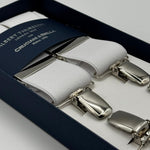 Albert Thurston for Cruciani &amp; Bella

Made in England
Clip on
Adjustable Sizing
35 mm elastic braces
White&nbsp;
X-Shaped
Nickel Fittings
Size Multifit Adjustable&nbsp;Length:&nbsp;115cm (= 45 inch) Maximum

#4822