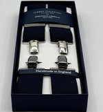Albert Thurston for Cruciani &amp; Bella

Made in England
Clip on
Adjustable Sizing
35 mm elastic braces
Navy Blue&nbsp;
X-Shaped
Nickel Fittings
Size Multifit Adjustable&nbsp;Length:&nbsp;115cm (= 45 inch) Maximum

#4820