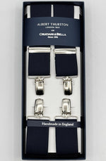 Albert Thurston for Cruciani &amp; Bella

Made in England
Clip on
Adjustable Sizing
35 mm elastic braces
Navy Blue&nbsp;
X-Shaped
Nickel Fittings
Size Multifit Adjustable&nbsp;Length:&nbsp;115cm (= 45 inch) Maximum

#4820