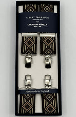 Albert Thurston for Cruciani &amp; Bella

Made in England
Clip on
Adjustable Sizing
35 mm elastic braces
Brown Patterned
X-Shaped
Nickel Fittings
Size: L
#4814