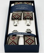 Albert Thurston for Cruciani &amp; Bella

Made in England
Clip on
Adjustable Sizing
35 mm elastic braces
Brown and Red Patterned
X-Shaped
Nickel Fittings
Size: L
#4813