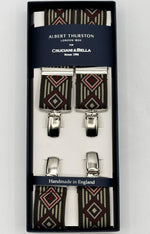 Albert Thurston for Cruciani &amp; Bella

Made in England
Clip on
Adjustable Sizing
35 mm elastic braces
Brown and Red Patterned
X-Shaped
Nickel Fittings
Size: L
#4813