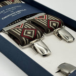 Albert Thurston for Cruciani &amp; Bella

Made in England
Clip on
Adjustable Sizing
35 mm elastic braces
Brown and Red Patterned
X-Shaped
Nickel Fittings
Size: L
#4813