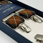 Albert Thurston for Cruciani &amp; Bella

Made in England
Clip on
Adjustable Sizing
35 mm elastic braces
Brown, Ochre and Sky Blue

X-Shaped
Nickel Fittings
Size: L
#4800