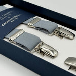 Albert Thurston for Cruciani &amp; Bella

Made in England
Clip on
Adjustable Sizing
25 mm elastic braces
Grey&nbsp;

X-Shaped
Nickel Fittings
Size: L
#4855