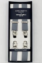 Albert Thurston for Cruciani &amp; Bella

Made in England
Clip on
Adjustable Sizing
25 mm elastic braces
Grey&nbsp;

X-Shaped
Nickel Fittings
Size: L
#4855