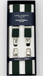Albert Thurston for Cruciani &amp; Bella

Made in England
Clip on
Adjustable Sizing
25 mm elastic braces
Green&nbsp;

X-Shaped
Nickel Fittings
Size: XL
#4851