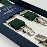 Albert Thurston for Cruciani &amp; Bella

Made in England
Clip on
Adjustable Sizing
25 mm elastic braces
Green&nbsp;

X-Shaped
Nickel Fittings
Size: XL
#4851