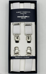 Albert Thurston for Cruciani &amp; Bella

Made in England
Clip on
Adjustable Sizing
25 mm elastic braces
White&nbsp;

X-Shaped
Nickel Fittings
Size: L
#2350