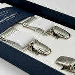 Albert Thurston for Cruciani &amp; Bella

Made in England
Clip on
Adjustable Sizing
25 mm elastic braces
White&nbsp;

X-Shaped
Nickel Fittings
Size: L
#2350