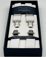 Albert Thurston for Cruciani &amp; Bella

Made in England
Clip on
Adjustable Sizing
25 mm elastic braces
White&nbsp;

X-Shaped
Nickel Fittings
Size: L
#2350