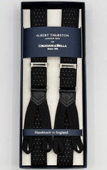 Albert Thurston for Cruciani &amp; Bella
Made in England
Adjustable Sizing
25 mm elastic braces
Black and White Dots
Braid ends
Y-Shaped
Nickel Fittings
Size: XL
#4925