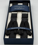 Albert Thurston for Cruciani &amp; Bella
Made in England
Adjustable Sizing
25 mm elastic braces
Black and White Dots
Braid ends
Y-Shaped
Nickel Fittings
Size: XL
#4925