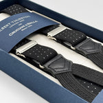 Albert Thurston for Cruciani &amp; Bella
Made in England
Adjustable Sizing
25 mm elastic braces
Black and White Dots
Braid ends
Y-Shaped
Nickel Fittings
Size: XL
#4925
