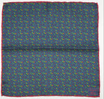 Cruciani &amp; Bella
Hand-rolled&nbsp;&nbsp;
100% Silk
Denim Blue , Green and Light Red
Floral Motif Pocket Square
Made in Italy
33 cm X 33 cm
#10071