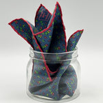 Cruciani &amp; Bella
Hand-rolled&nbsp;&nbsp;
100% Silk
Denim Blue , Green and Light Red
Floral Motif Pocket Square
Made in Italy
33 cm X 33 cm
#10071