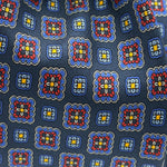 Cruciani &amp; Bella
100% Printed Silk&nbsp;
Tipped
Blue, Red, Yellow and Light Blue Motif Tie
Handmade in Italy
8,5 cm x 148 cm
New Old Stock
#10144