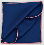 Cruciani &amp; Bella
Hand-rolled&nbsp;&nbsp;
100% Silk
Blue and Pink Border
Motif Pocket Square
Made in England
33 cm X 33 cm
#2633