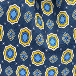 Cruciani &amp; Bella
100% Printed Silk&nbsp;
Tipped
Blue, Light Blue, Yellow and White Motif Tie
Handmade in Italy
8,5 cm x 148 cm
New Old Stock
#10128