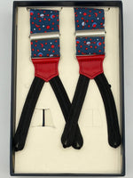 Cruciani &amp; Bella Suspender
Handmade in Italy&nbsp;
Adjustable Sizing
Madder Silk
35 mm Wide
Blue, Red and Light Blue Motif&nbsp;
Braid Ends
Y-Shaped
Nickel Fittings
Size Multifit Adjustable&nbsp;Length: 125cm (= 49 inch) Maximum

#10188
