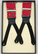 Cruciani &amp; Bella Suspender
Handmade in Italy&nbsp;
Adjustable Sizing
Madder Silk
35 mm Wide
Light Red and Light Blue Motif&nbsp;
Braid Ends
Y-Shaped
Nickel Fittings
Size Multifit Adjustable&nbsp;Length: 125cm (= 49 inch) Maximum

#10187