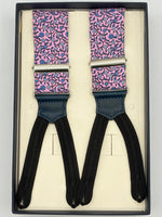 Cruciani &amp; Bella Suspender
Handmade in Italy&nbsp;
Adjustable Sizing
Madder Silk
35 mm Wide
Pink and Light Blue Motif&nbsp;
Braid Ends
Y-Shaped
Nickel Fittings
Size Multifit Adjustable&nbsp;Length: 125cm (= 49 inch) Maximum

#10191