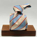 Cruciani &amp; Bella
40% Cotton 60% Silk

Tipped&nbsp;
Light Bleu, Beige and Orange stripes

Handmade in Italy
9 cm x 148 cm
New Old Stock