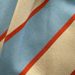 Cruciani &amp; Bella
40% Cotton 60% Silk

Tipped&nbsp;
Light Bleu, Beige and Orange stripes

Handmade in Italy
9 cm x 148 cm
New Old Stock