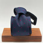 Drake's for Cruciani &amp; Bella
100%&nbsp; Woven Silk
Tipped
Blue and Fucsia dots
Handmade in London, England
9,5 cm x 149 cm