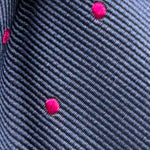 Drake's for Cruciani &amp; Bella
100%&nbsp; Woven Silk
Tipped
Blue and Fucsia dots
Handmade in London, England
9,5 cm x 149 cm