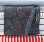Holliday &amp; Brown
Hand-rolled&nbsp;&nbsp;
Holliday &amp; Brown for Cruciani &amp; Bella
100% Silk
Dark Blue, Light Blue and Red Wine
Double Faces
Paisley Motif&nbsp; Pocket Square
Handmade in Italy

32 cm X 32 cm
#10353