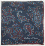 Holliday &amp; Brown
Hand-rolled&nbsp;&nbsp;
Holliday &amp; Brown for Cruciani &amp; Bella
100% Silk
Dark Blue, Light Blue and Red Wine
Double Faces
Paisley Motif&nbsp; Pocket Square
Handmade in Italy

32 cm X 32 cm
#10353