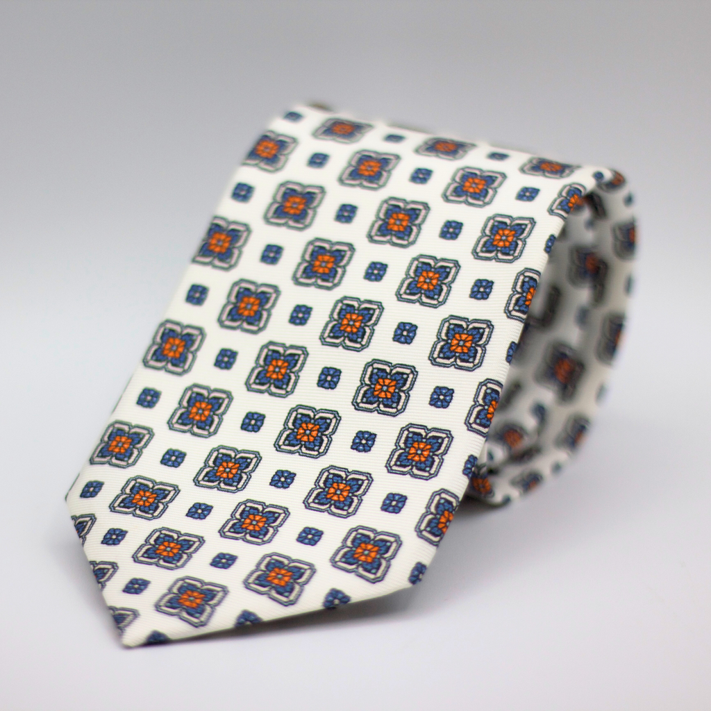 Cruciani & Bella 100% Silk Printed Self-Tipped White, Orange, Grey and Light Blue Motif Tie Handmade in Rome, Italy. 8 cm x 150 cm