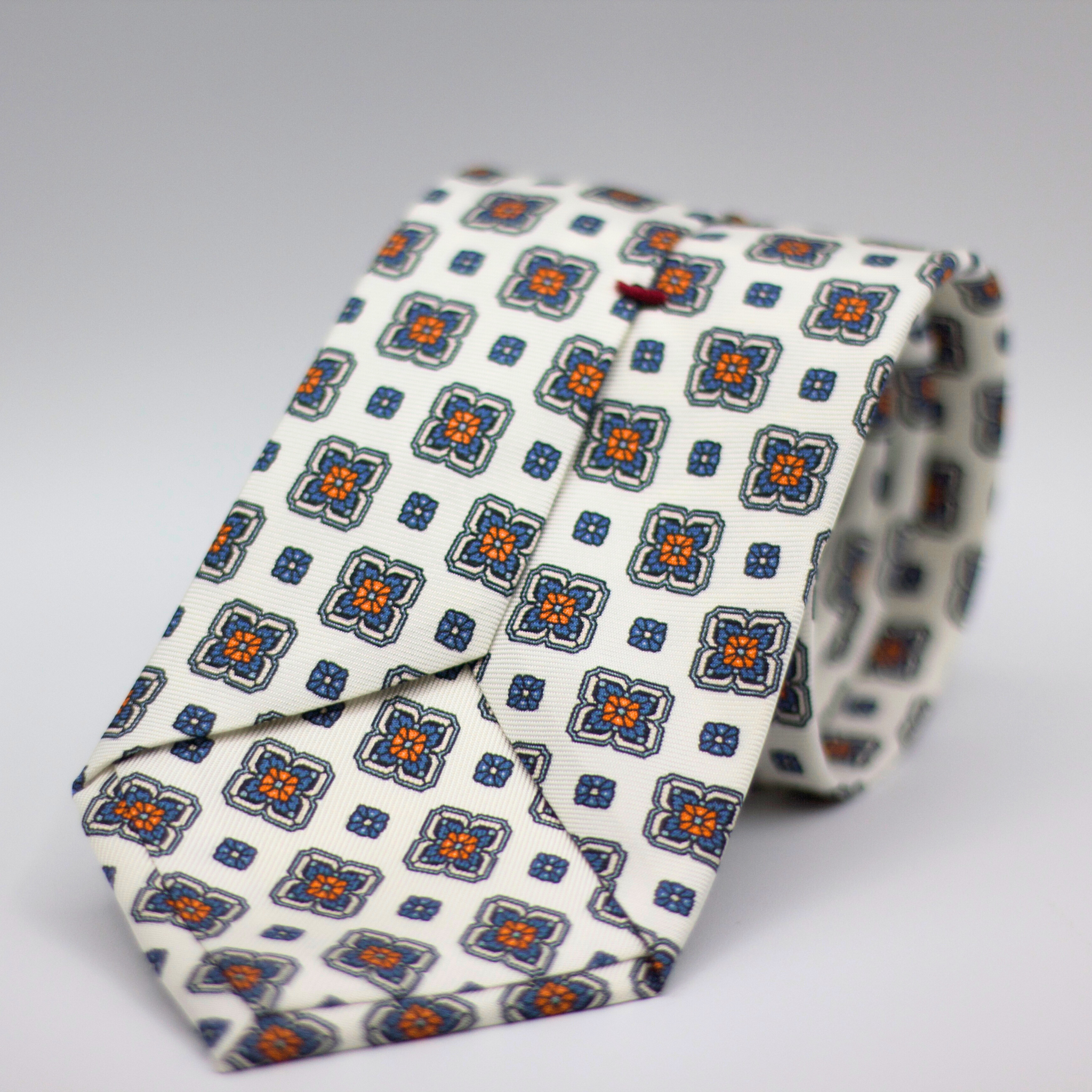 Cruciani & Bella 100% Silk Printed Self-Tipped White, Orange, Grey and Light Blue Motif Tie Handmade in Rome, Italy. 8 cm x 150 cm