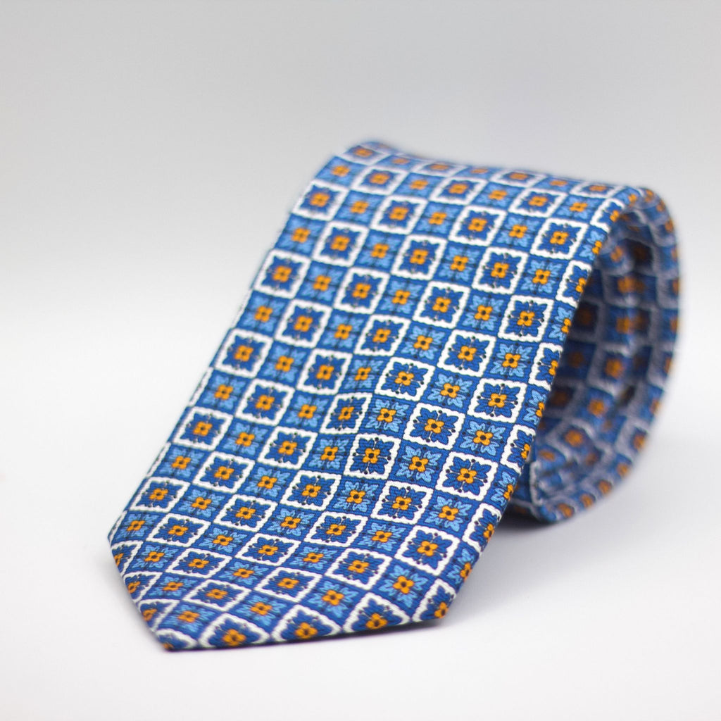 Cruciani & Bella 100% Silk Printed Self-Tipped White and Blue, Light Blue and Yellow Motif Tie Handmade in Rome, Italy. 8 cm x 150 cm