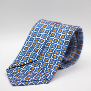 Cruciani & Bella 100% Silk Printed Self-Tipped White and Blue, Light Blue and Yellow Motif Tie Handmade in Rome, Italy. 8 cm x 150 cm