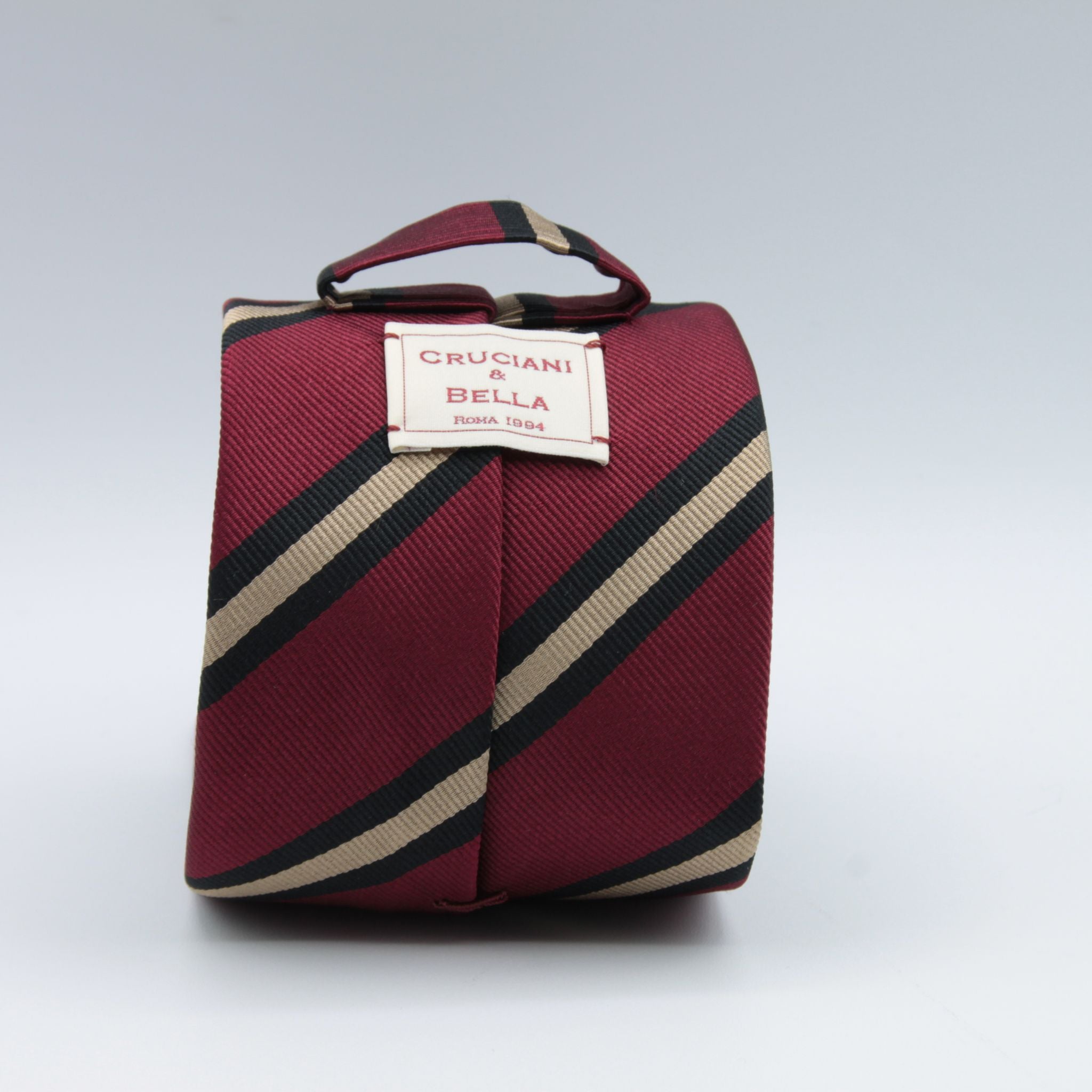 Cruciani & Bella 100% Silk Jacquard  Self Tipped Regimental "Wiltshire Regiment" Dark Red, Black and Beige stripes tie Handmade in Italy 8 cm x 148 cm #5698