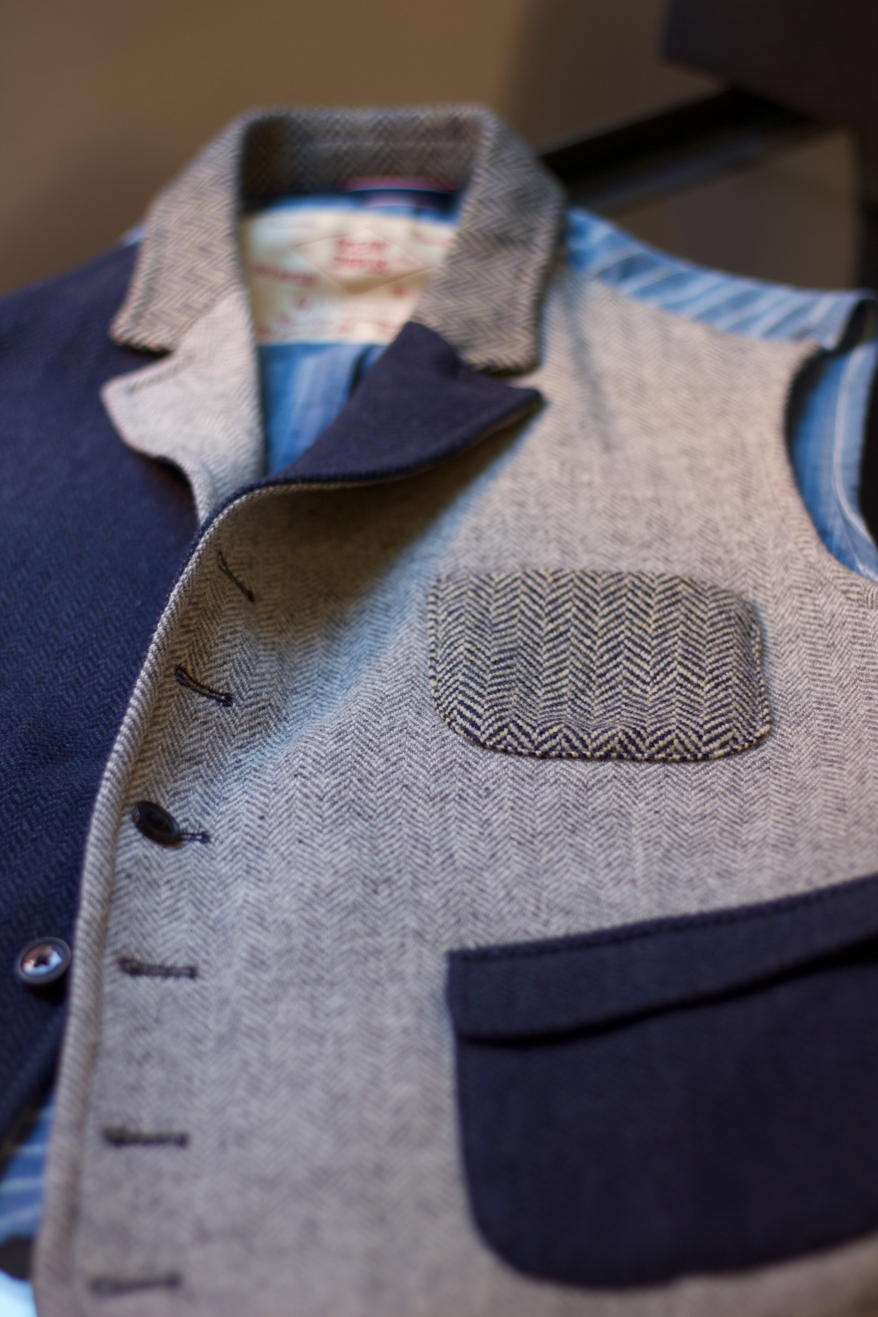 -L'Egoiste  -Wool Herringbone Patchwork Waistcoat   -100% Italian Wool  -Made in EU  -Blue and Grey  -2 patch pockets