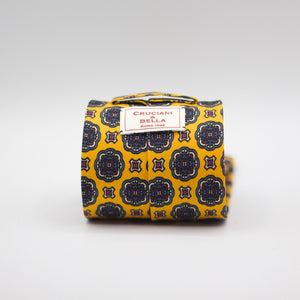 Cruciani &amp; Bella 100% Printed Silk Silk Made in England&nbsp; Self-tipped Yellow, Blue, &nbsp;Pink and Light Yellow Motif Tie 8 cm x 150 cm Handmade in &nbsp;England
