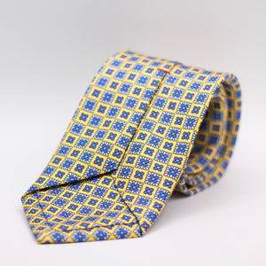 Cruciani & Bella 100% Silk Printed Self-Tipped Yellow, Blue and Baby Blue Motif Tie Handmade in Rome, Italy. 8 cm x 150 cm