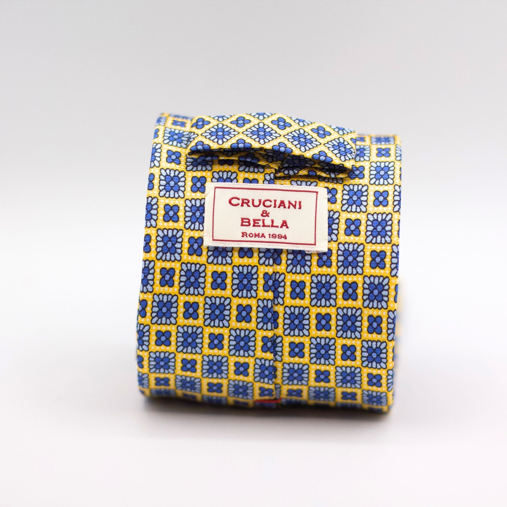 Cruciani & Bella 100% Silk Printed Self-Tipped Yellow, Blue and Baby Blue Motif Tie Handmade in Rome, Italy. 8 cm x 150 cm