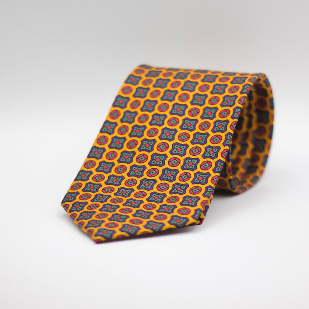 Cruciani &amp; Bella 100% Printed Silk Silk Made in England&nbsp; Self-tipped Yellow, Orange, Green and Purple Motif Tie 8 cm x 150 cm Handmade in &nbsp;England