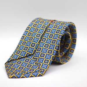 Cruciani & Bella 100% Silk Printed Self-Tipped Yellow and Blue, Light Blue Motif Tie Handmade in Rome, Italy. 8 cm x 150 cm