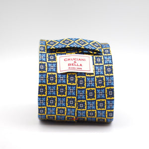Cruciani & Bella 100% Silk Printed Self-Tipped Yellow and Blue, Light Blue Motif Tie Handmade in Rome, Italy. 8 cm x 150 cm