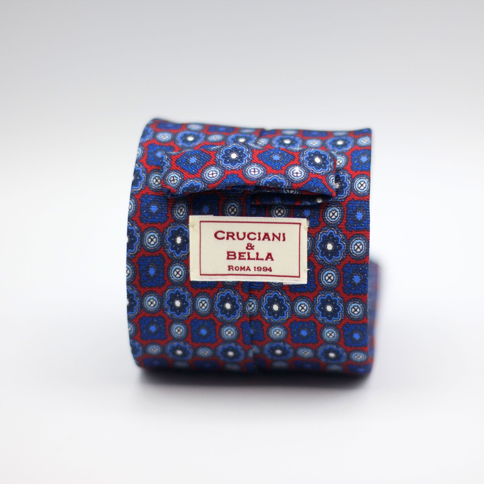 Cruciani & Bella 100% Silk Printed Self-Tipped Red, Blue, light blue and white motif Tie Handmade in Rome, Italy. 8 cm x 150 cm