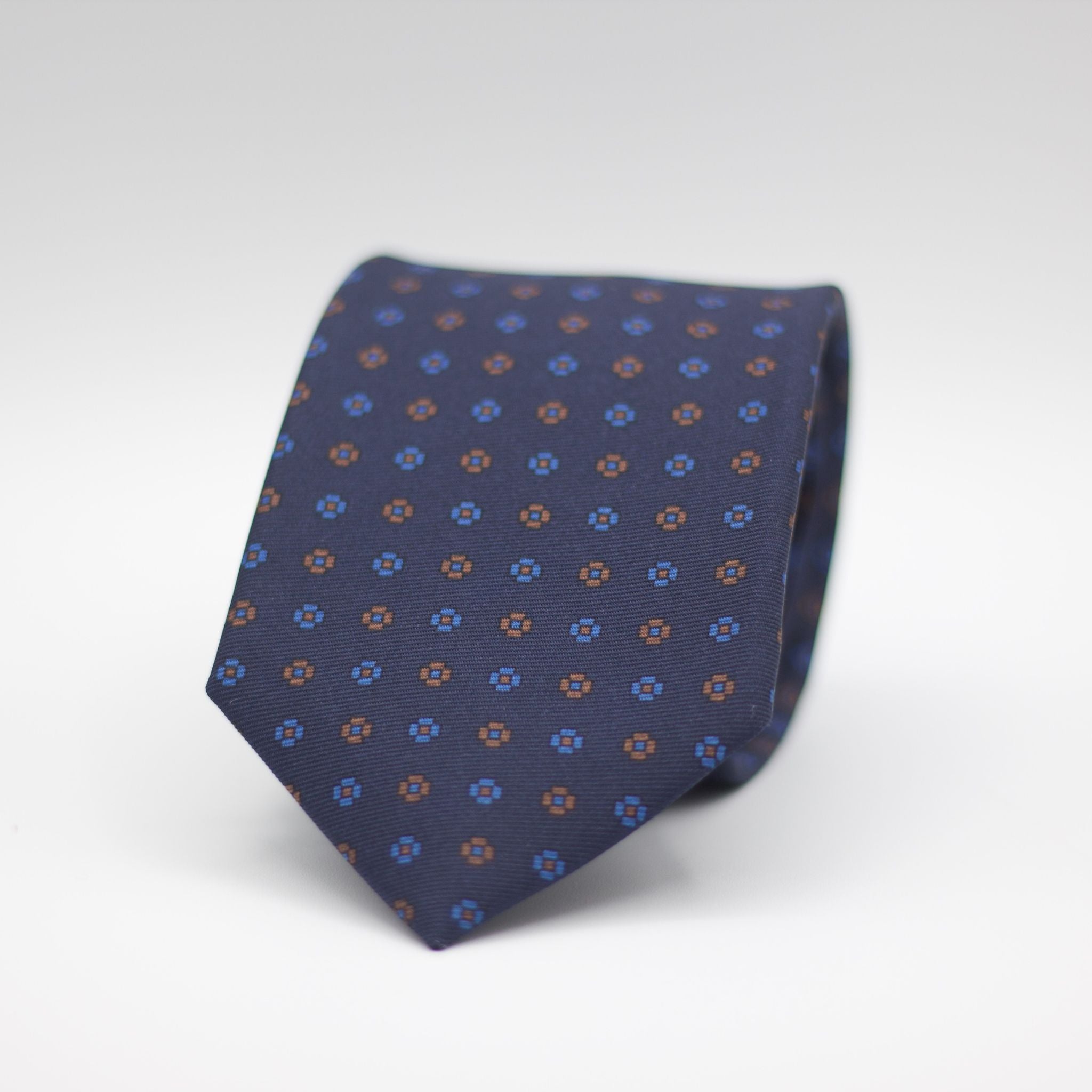 Holliday & Brown for Cruciani & Bella 100% printed Silk Self Tipped Navy with Brown and Light Blue motif tie  Handmade in Italy 8 cm x 150 cm